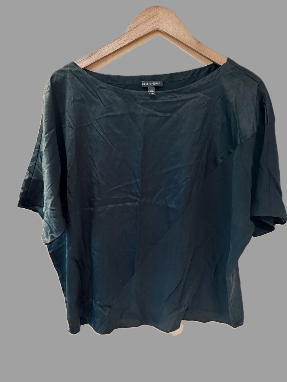 NWOT Eileen Fisher Black Asymmetric Mixed Media Silk Blouse, Boxy, Size Large